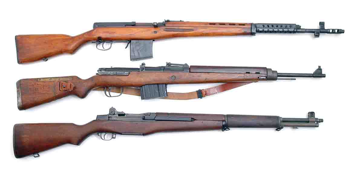 From top to bottom, Soviet SVT40 7.62x54mm,  German K43 8x57mm and the U.S. M1 Garand .30-06